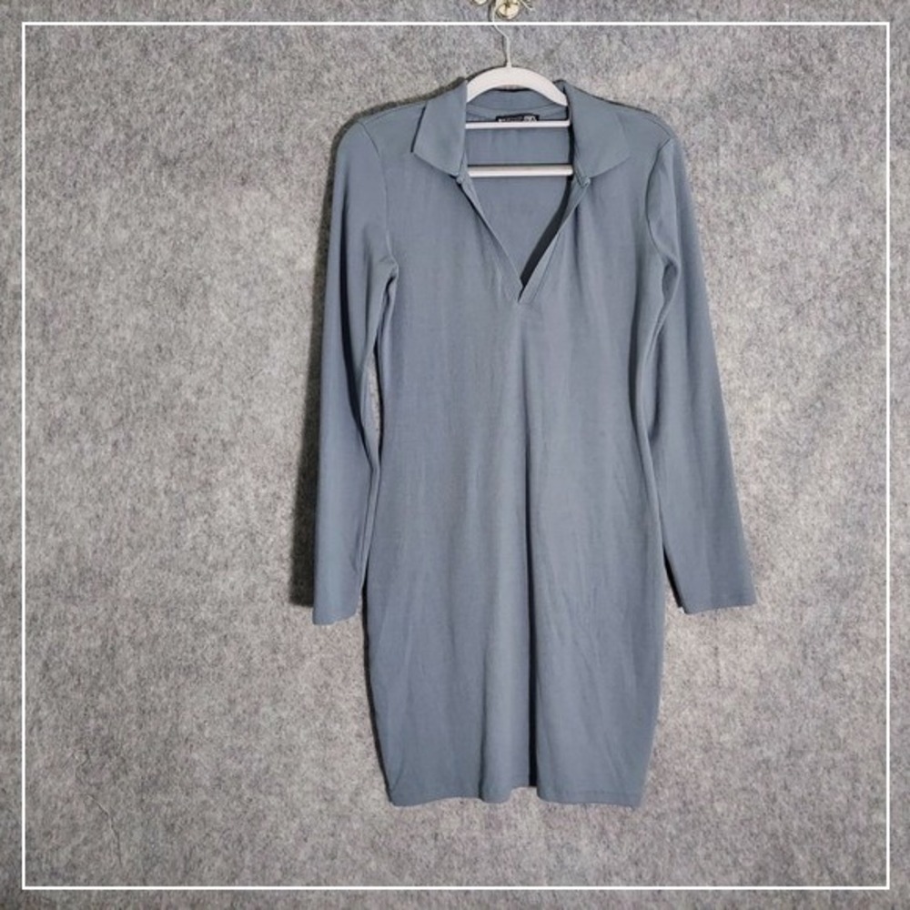 Zara Dress L Ribbed Knit Polo Collar V Neck‎ Stretch Long Sleeve Casual Preppy